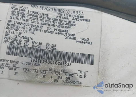 2001 Ford Taurus Ses из США, поврежденный, VIN 1FAFP55U01G285537